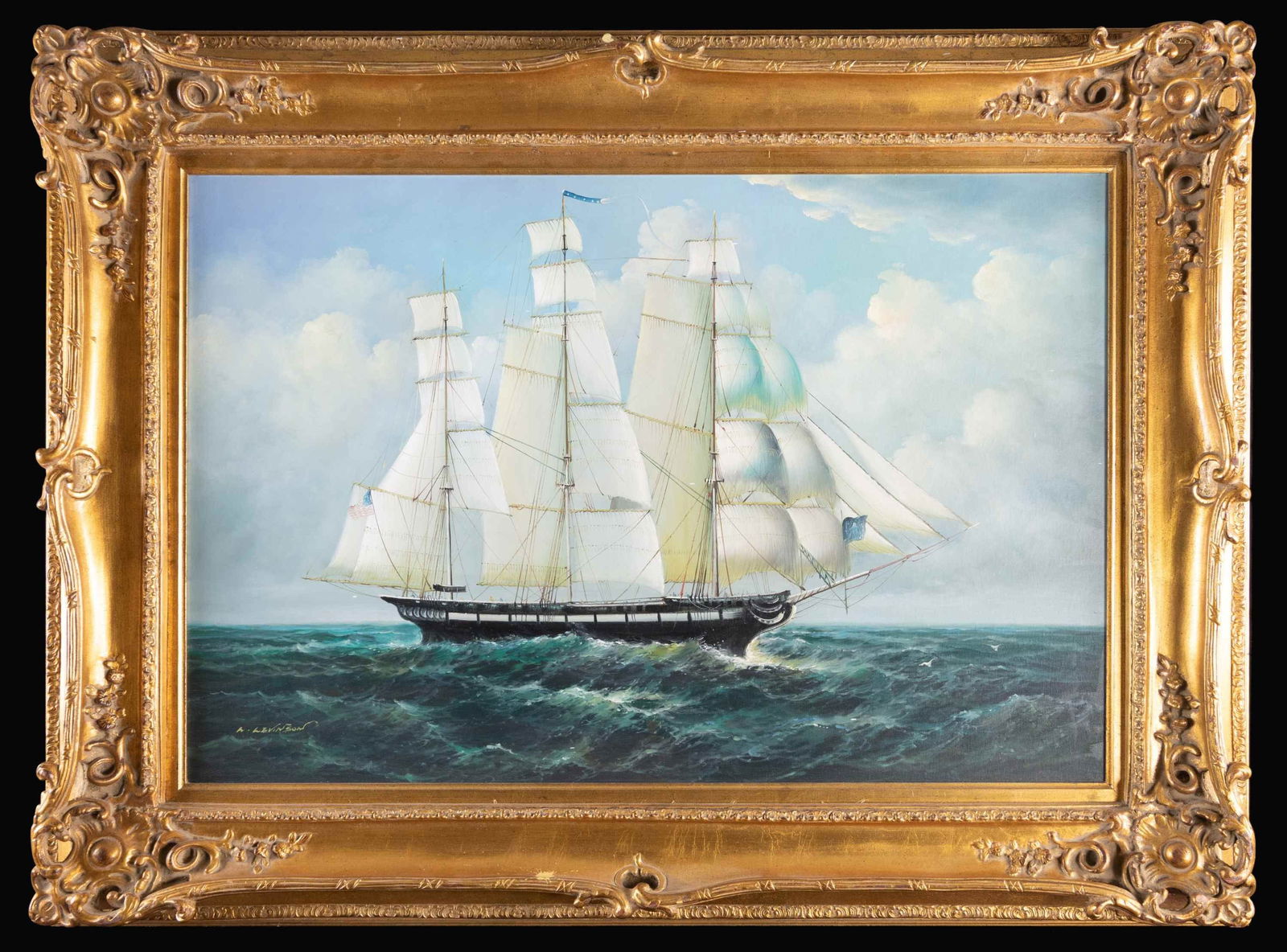LARGE SAILING SHIP PAINTING BY R. LEVINSON.: The painting of a three-masted ship under full sail proudly flying her American flag. Painting is signed "R. LEVINSON" noted American artist. Painting measures 36" by 25". Gilt covered ornate frame me