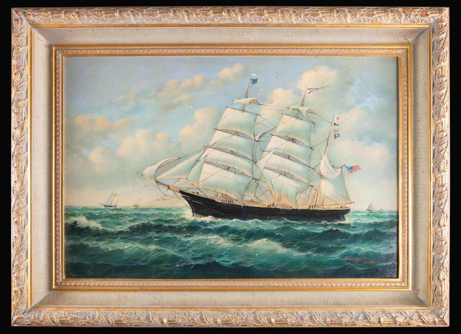 LARGE ATTRACTIVE NAUTICAL PAINTING BY ROBERT: SANDERS. Oil on canvas painting of a three-masted ship under full sail. The American flagged ship is presented under sail in the open sea w/ numerous small fishing vessels visible in the background. Q