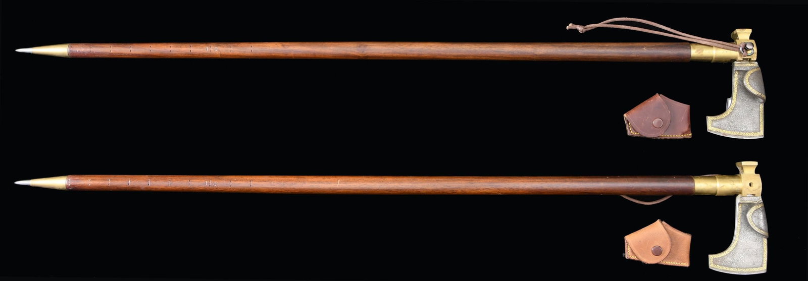 2 GOLD INLAID PLANTER'S AXES.: This odd tool is an exact reproduction of an original tool popular in the Eastern English colonies during the Victorian era. It is also referred to in catalogs of the 1870's as a "Planter's Axe." This