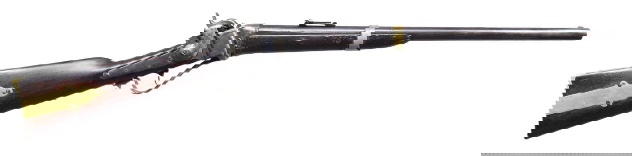 SHARPS MODEL 1853 SLANT BREECH SADDLE RING: CARBINE. Cal 52. S# 15001. Standard brass mounted configuration, 37.75" overall, 21.5" barrel, adjustable long range rear sight, brass blade front sight, "SHARPS /PATENT / 1852" on lock, "SHARPS / PAT