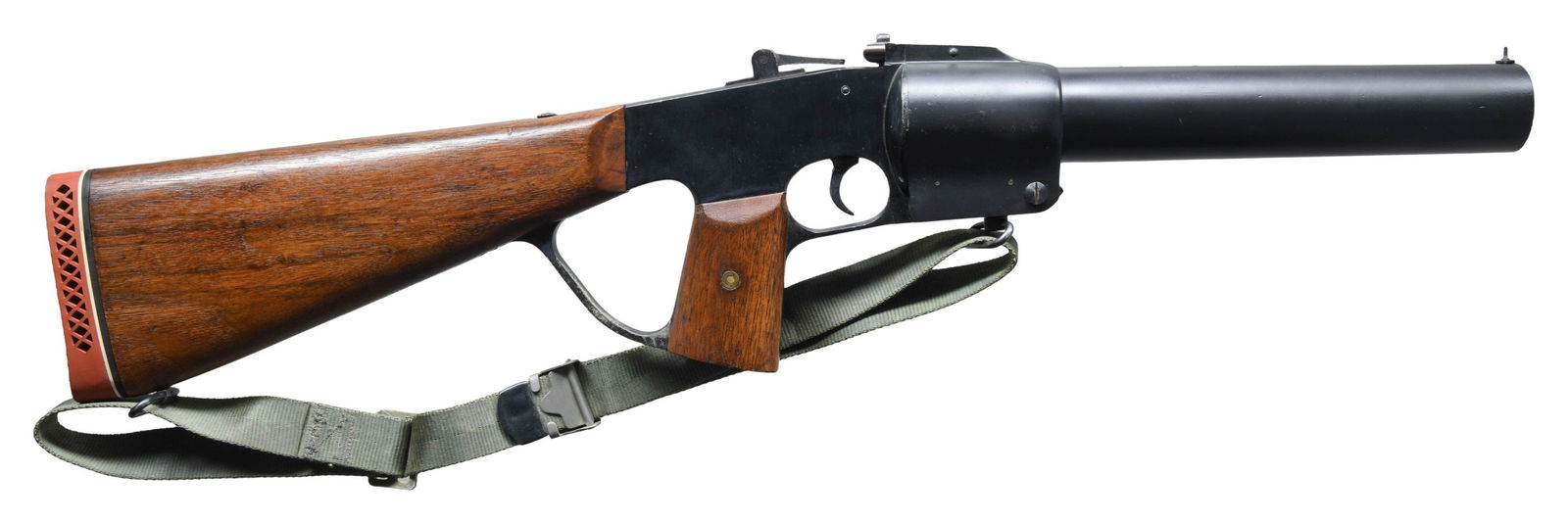 FEDERAL LABORATORIES MODEL 201-Z SINGLE SHOT GAS: GUN. Cal. 37mm. S# G25662. Matching numbers on receiver & barrel. Bbl. 12" smooth bore. Receiver is marked on the left side "MODEL 201-Z / FEDERAL 1 1/2 CAL. GAS GUN / FEDERAL LABORATORIES INC / SALTS