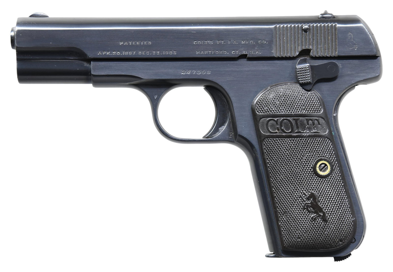 COLT MODEL 1903 HAMMERLESS SEMI-AUTOMATIC PISTOL.: Cal. 32 Rimless. S# 247508. Bbl. 3 3/4". Model 1903 Hammerless semi-automatic pistol mfg. by Colt in 1917. The left side of the slide is marked with Colt's patent and mfg. information, followed by the