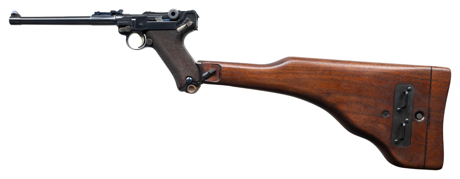 IMPERIAL GERMAN ERFURT "1914" DATE LP.08: LUGER SEMI-AUTOMATIC PISTOL WITH REPRODUCTION 1913 EXPERIMENTAL STOCK/HOLSTER. Cal. 9x19mm. S# 1485. Bbl. 7 7/8". LP.08 Luger semi-automatic pistol mfg. at the Erfurt arsenal during their first year o