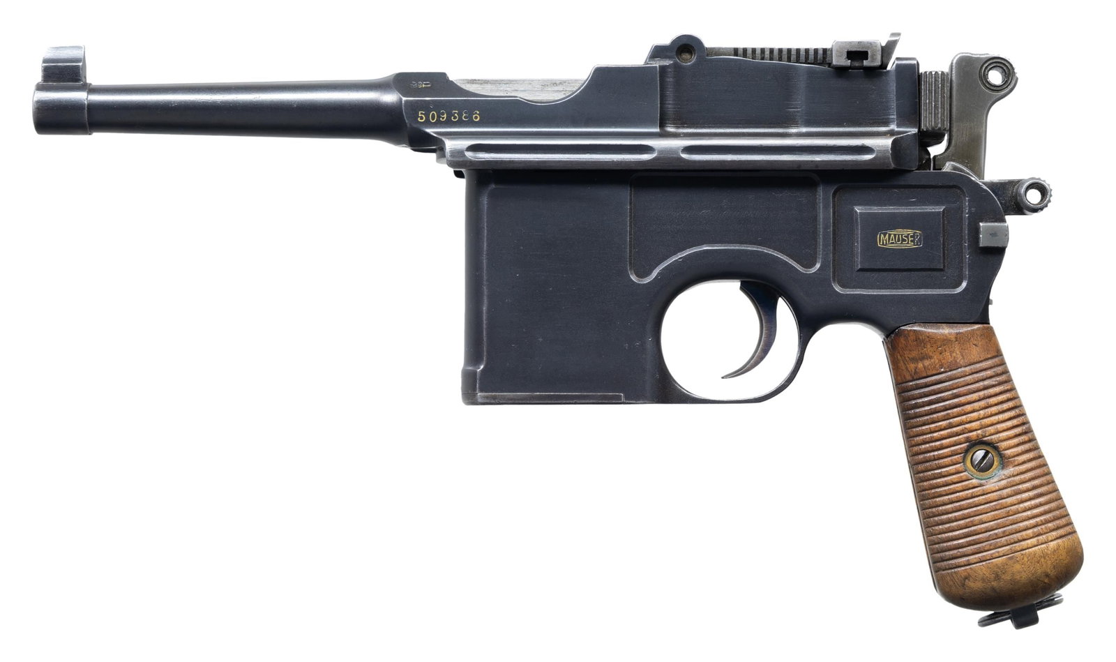 MAUSER C96 POST-WAR MAUSER BANNER BOLO PISTOL: WITH CORRECT STOCK. Cal. 7.63mm. S# 509386. Bbl. 4". Post-War Mauser Banner C96 Bolo with fixed front sight and slip-in tangent rear sight graduated 50-1000. Short extractor, 2-lug firing pin, small r