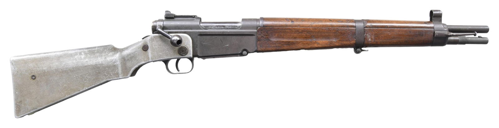 EXTREMELY SCARCE FRENCH MAS 36 CR39 BOLT ACTION: PARATROOPER RIFLE. Cal. 7.5mm French. S# F28674. Bbl. 17 1/2". In 1937, France, recognizing the need for a new compact rifle for their newly founded airborne companies on the modern battlefield, began
