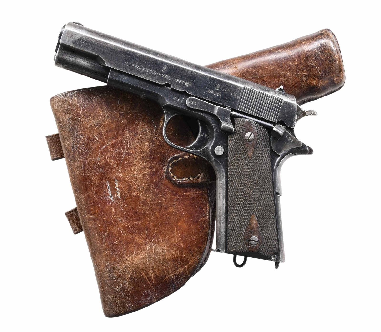 DESIRABLE, EARLY PRODUCTION NORWEGIAN KONGSBERG: MODEL OF 1914 SEMI-AUTOMATIC PISTOL WITH HOLSTER. Cal. 11.25mm (45 ACP). S# 891. Bbl. 5". Model of 1914 "Kongsberg Colt" semi-automatic pistol mfg. at the Kongsberg Vapenfabrikk arsenal during the thi