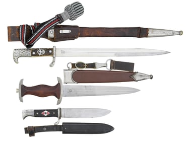 WWII GERMAN SA DAGGER, BAYONET, AND HJ KNIFE.
