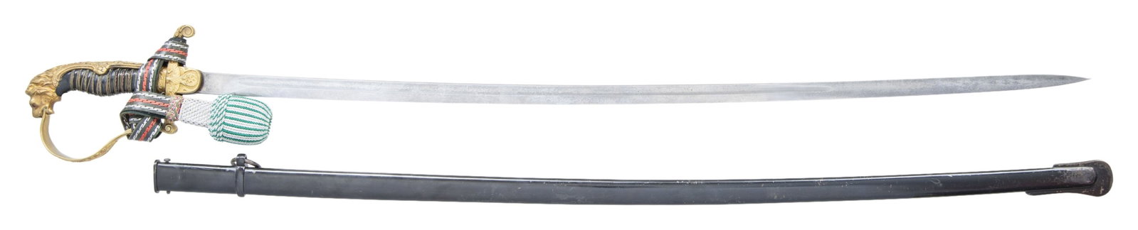WWII GERMAN WEHRMACHT OFFICER'S SWORD.: A good example of a WWII German army sword measuring 37 3/4" overall with a 31 1/2" plain blade that has no makers marks. Gilded brass hilt with an attractive early eagle crossguard and oak leaf decor