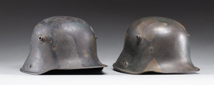 2 WWI GERMAN M17 STEEL HELMETS W/ FIELD APPLIED