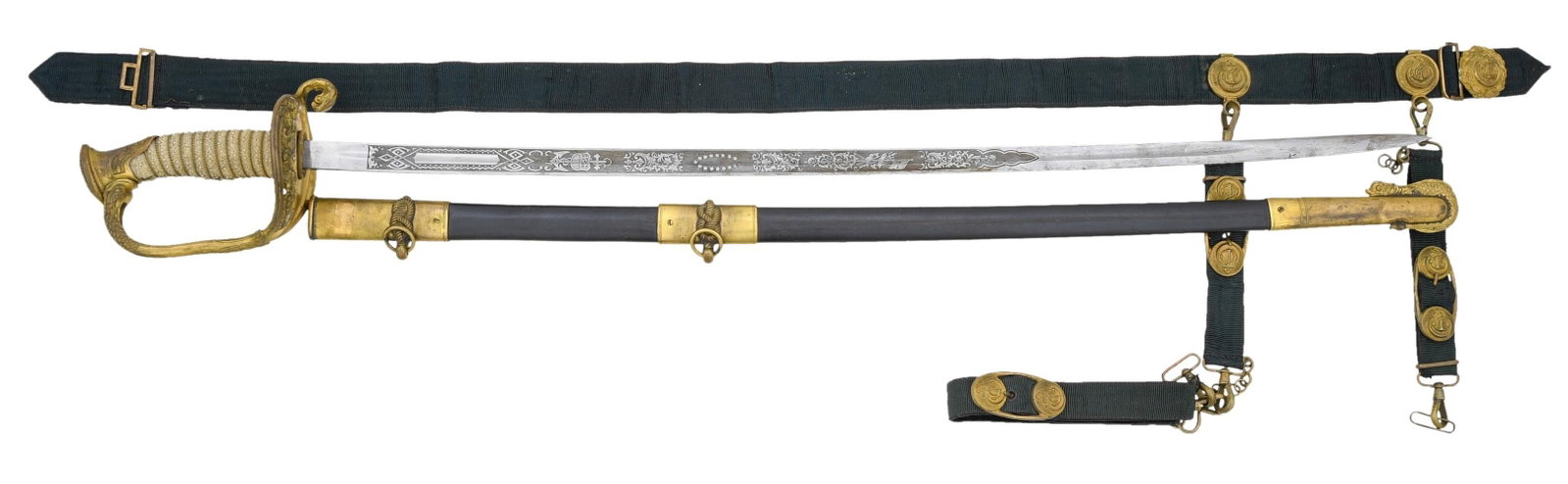 U.S. NAVAL DRESS SWORD AND FOREIGN SWORD BELT.: 1) WWII era Navy officer's sword measuring 36" overall with a 30" etched blade with a single medium fuller. Gilded brass hilt with a pierced foliate decorated guard featuring "USN" on the underside of