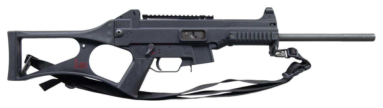 H&K USC SEMI AUTO CARBINE.: Cal. 45 ACP. S# 47-003091 Bbl. 16 1/2". Hooded blade front sight. Flip up rear sight. Receiver mounted picatinny rail. Civilian version of the famed H&K UMP SMG. "AA" date code denoting 2000 mfr. Ambi