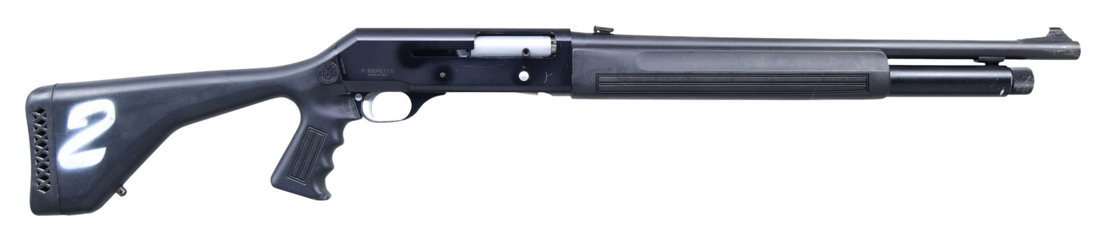 BERETTA 1201FP SEMI AUTO SHOTGUN ATTRIBUTED TO: REAGAN AIRPORT FEDERAL POLICE. Cal. 12 Ga. 3". S# A13551L. Bbl. 20" choked cyl. Gold bead front sight. Adjustable square notch rear sight. Consignor states this shotgun was issued by Federal Police at