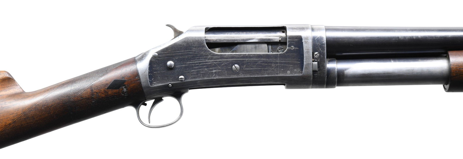 WINCHESTER MODEL 1897 BLACK DIAMOND TRAP GRADE: PUMP SHOTGUN. Cal. 12 GA, 2 5/8". S# C145285. Bbl. 30" with matted top and fixed Full choke. Receiver has matte top. Breech bolt is marked "TRAP GUN". Small round forearm with point pattern wrap aroun