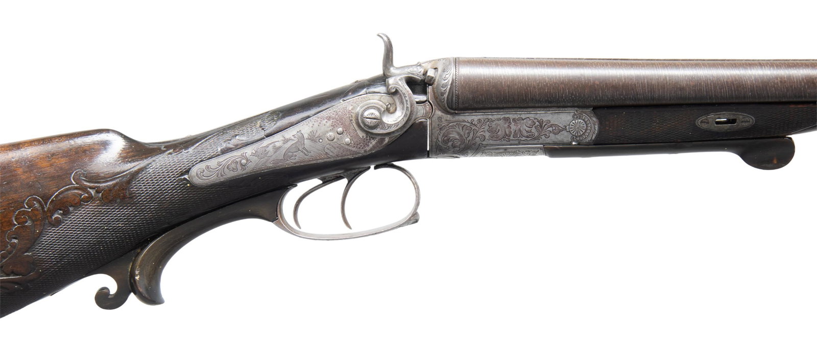 16 GA. GERMAN B. FOERSTER OF WURZBURG ENGRAVED,: UNDERLEVER, HAMMER SXS SHOTGUN. Cal. 16 Ga., 2 1/2". S# 21. Appears to have been mfg. before 1891 due to lack of German Proofs that became standard in 1891. Twist 30 5/8" bbls. w/ steel bead. Bore cho