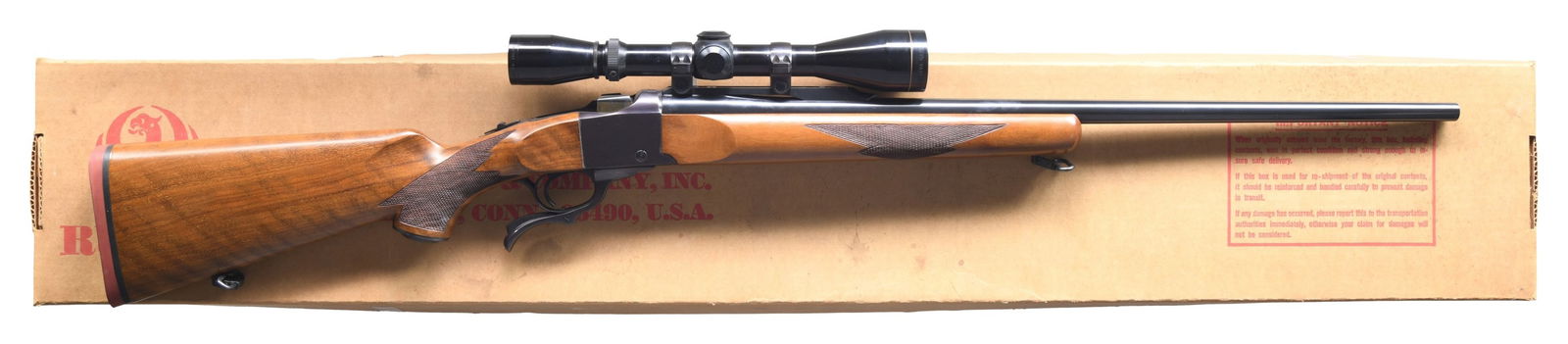 220 SWIFT RUGER NO. 1-B SINGLE SHOT RIFLE WITH: LEUPOLD SCOPE & MATCHING FACTORY BOX. Cal. 220 Swift. S# 131-48992. Mfg. 1979. Medium weight 26" bbl. w/ Warning marks. Vintage Leupold VARI-X, 3-9x, Gold Ring, fine crosshair scope on Ruger rings & q