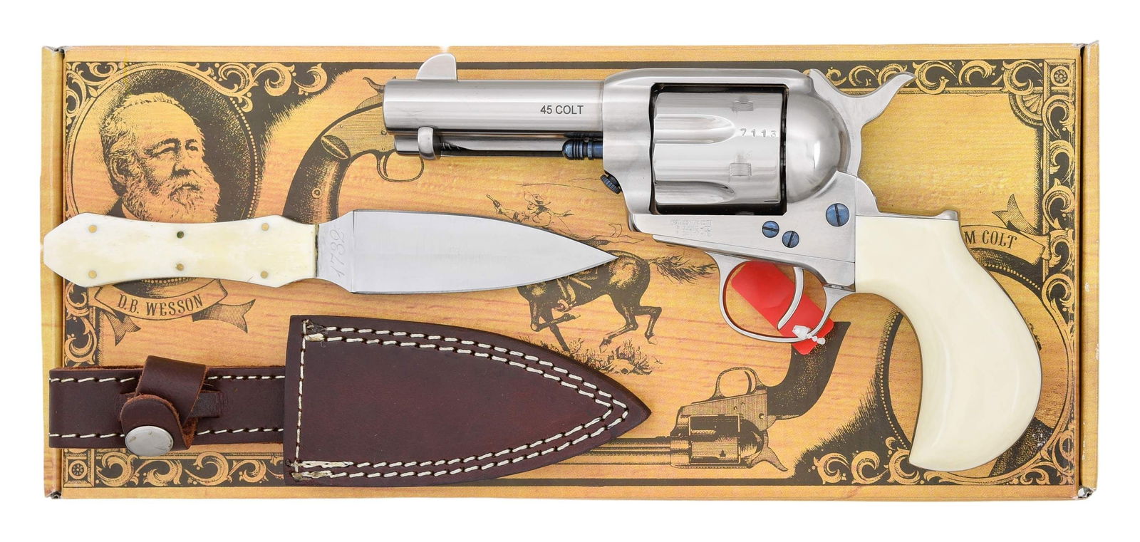 CIMARRON DOC HOLLIDAY THUNDERER SA REVOLVER.: Cal. 45 Colt. S# P77113. Bbl. 3 1/2". Blade front sight. Fixed rear sight. Cimarron catalog #CA346DOC, tribute Doc Holliday. Nickel finish with fire blued screws. Backstrap has floral engraving with D