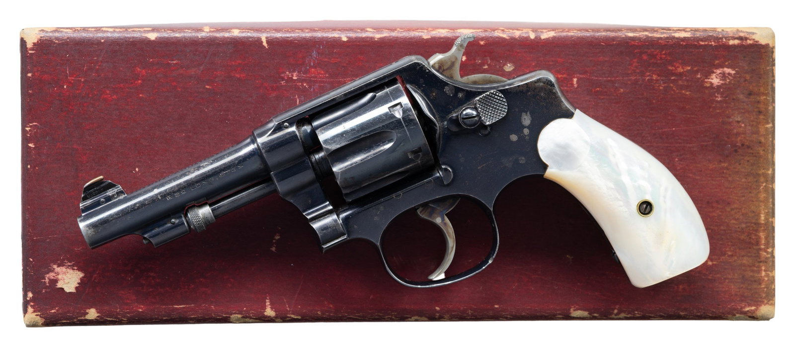 SMITH & WESSON 32 HE DA REVOLVER.: Cal. 32 L. S# 573. Bbl. 3 1/2" pinned. Marbles Shead 35A front sight. Fixed rear sight. Matching numbers on frame, bbl., cyl. & extractor. 2nd Model 32 Hand Ejector DA revolver made 1903-1904. Blued f