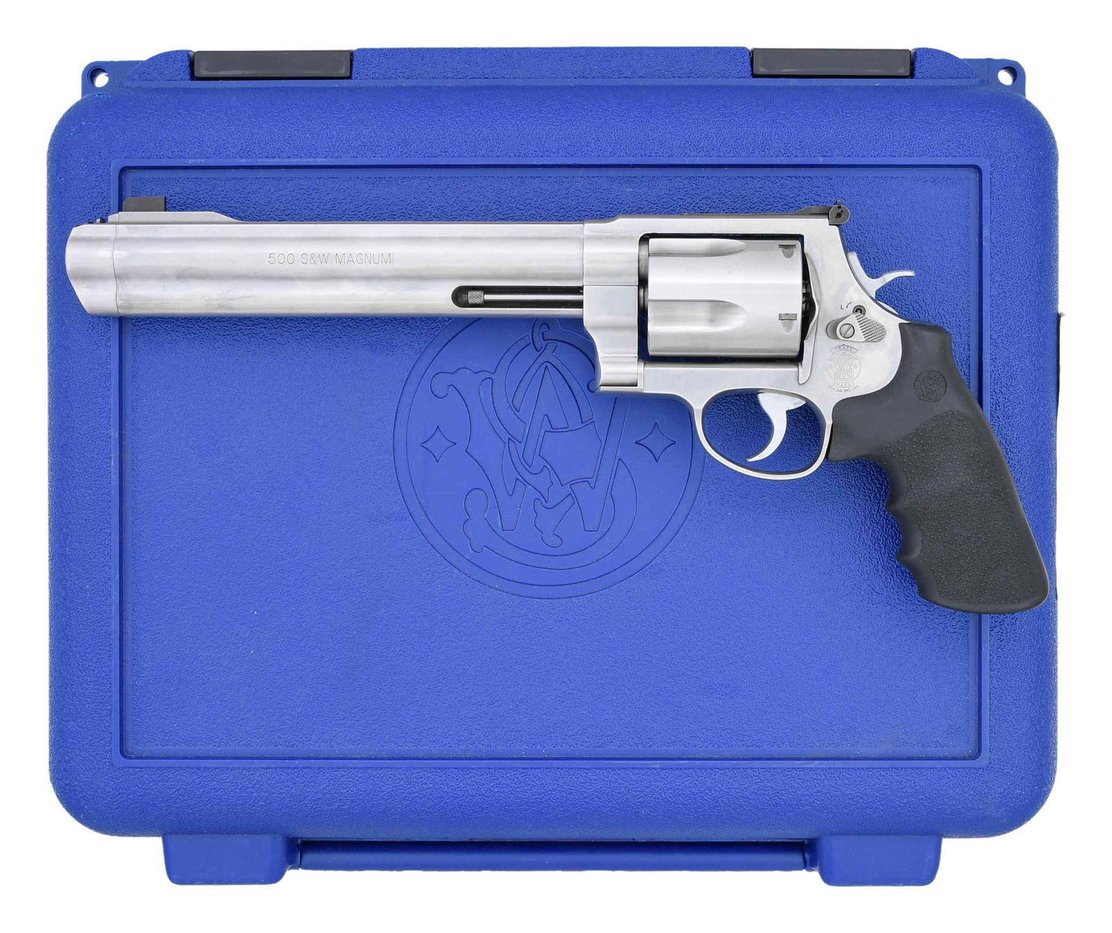 SMITH & WESSON MODEL 500 DA REVOLVER.: Cal. 500 S&W Mag. S# CHS0178. Bbl. 8 3/8" with muzzle brake. Blade front sight. Adjustable square notch rear sight with white outline. 5-shot cyl. Stainless finish with hard chrome hammer & trigger. B