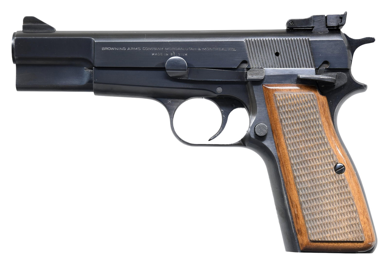 BELGIUM BROWNING HI POWER TARGET SEMI-AUTOMATIC: PISTOL. Cal. 9mm Para. S# 245RR67927. Bbl. 4 5/8". Hi Power semi-automatic pistol mfg. in Belgium by Fabrique Nationale and imported/retailed by Browning Arms Company in 1977. Left side of the slide i