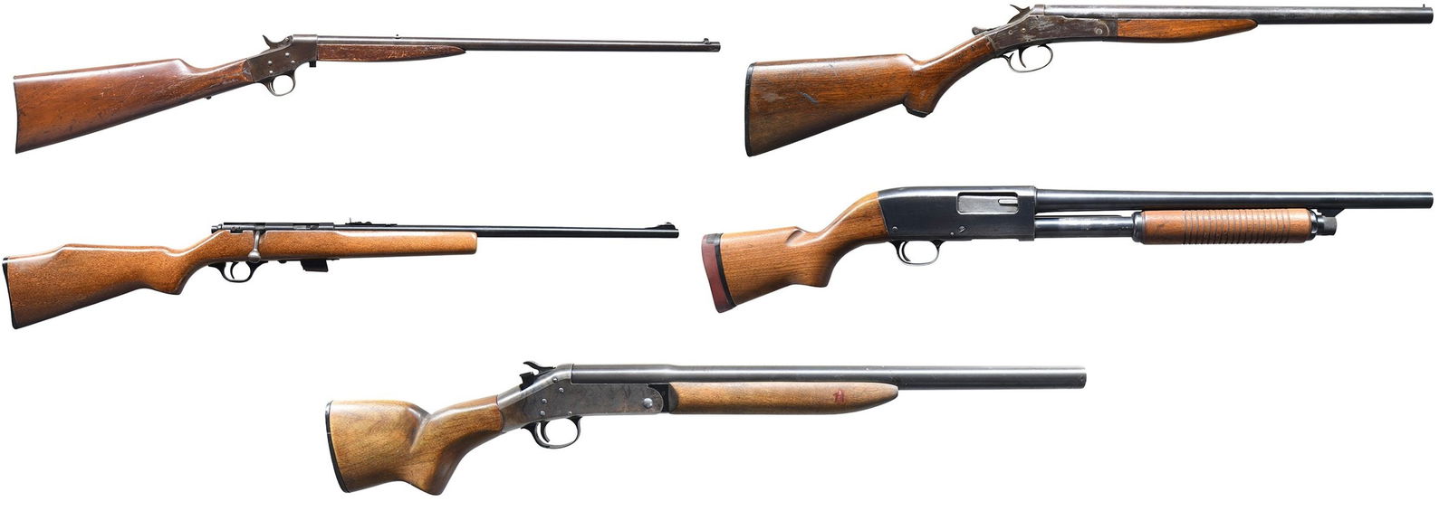 LOT OF FIVE FIREARMS.: Lot includes three shotguns and two rifles as follows: 1) MODIFIED H&R TOPPER SINGLE SHOT SHOTGUN. Cal 20 Ga 3". S# AJ296992. Bbl. 18 1/4" shortened. No sights present. Modified & shortened H&R Topper