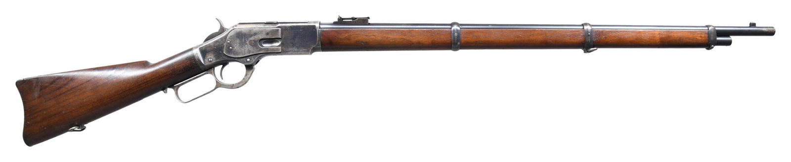 WINCHESTER 1873 THIRD MODEL LEVER ACTION MUSKET.: Cal. 44 WCF (44-40). S# 570465B. Bbl. 30 rnd.. Barley corn front sight, with graduated leaf musket rear sight. Musket length tubular mag. Blue finish, with case colored hammer and lever. Band fastened