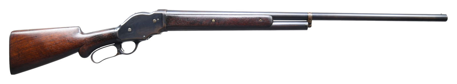 WINCHESTER MODEL 1901 LEVER ACTION SHOTGUN.: Cal. 10 GA, 2 7/8". S# 76657. Bbl. 32" with fixed Full choke and steel bead. Blue finish. Tubular mag. 2-piece walnut forearm panels and rnd. knob stock with original steel shotgun buttplate. Mfg. fro