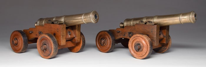 GROUP OF TWO MUZZLELOADING BRASS SIGNAL CANNONS ON