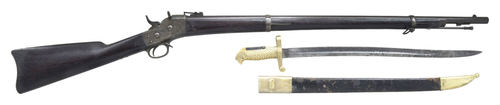 SPRINGFIELD MODEL 1870 U.S. NAVY TYPE I ROLLING: BLOCK RIFLE. Cal. 50-70. NSN. Bbl. 32 5/8", fixed front sight with graduated leaf rear sight just ahead of the receiver. First 10,000 rifles produced had the rear sight mounted just 1/2" ahead of the