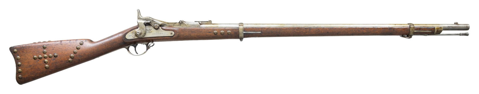 "INDIAN TACKED" MODEL 1868 SPRINGFIELD TRAPDOOR: RIFLE. Cal. 50. S# 3006. Standard configuration, 32.5" barrel, 2 spring retained bands, adjustable rear sight, breach block dated 1869, eaglehead and US proof, utilized 1863 dated civil war surplus lo
