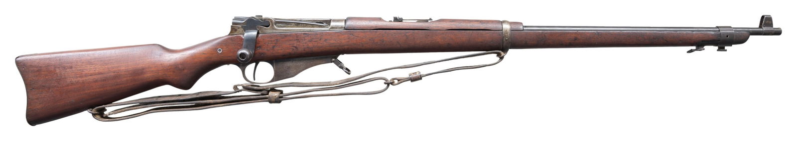 U.S. NAVY MARKED WINCHESTER-LEE MODEL 1895: STRAIGHT PULL BOLT ACTION RIFLE. Cal. 6mm Lee. S# 4676. Bbl. 28" rnd. Hooded blade front sight with graduated leaf rear sight. Early bolt action rifle designed by James Paris Lee, mfg. rights were obt