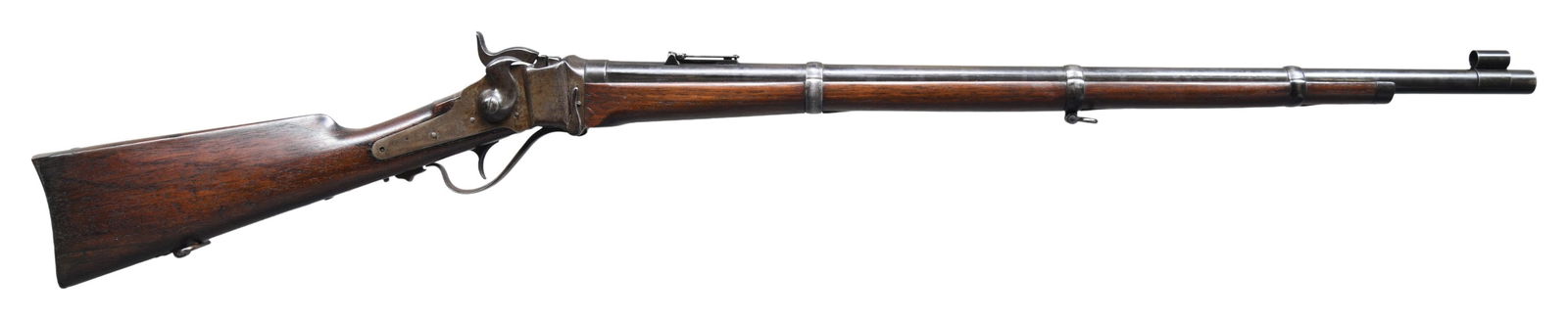 SHARPS MODEL 1874 MILITARY SINGLE SHOT RIFLE.: Cal. 50 (50-70 Govt.). S# C52385. Bbl. 30" rnd. Fixed front sight with slide on protective hood and a Lawrence patent rear sight. Breech end of bbl. is stamped "F/49". Blue finish with case colored ac