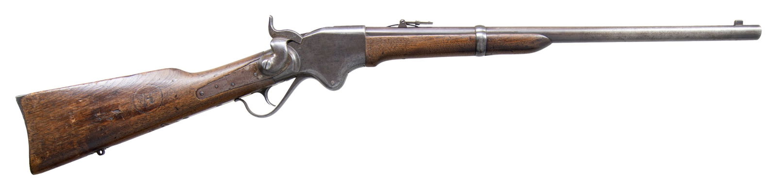 SPENCER CIVIL WAR MODEL 1860 SADDLE RING CARBINE.: Cal. 52 RF (56-56). S# 57315. Bbl. 22" rnd. Blade front sight with carbine leaf rear sight. Lever operated exposed hammer action has saddle ring and bar on left side. 7-shot tubular mag. inserts throu