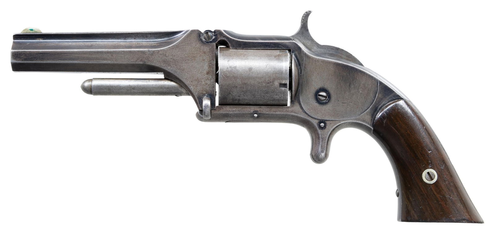 SMITH & WESSON OLD MODEL 1 1/2 SA REVOLVER.: Cal. 32 RF. S# 6724. Bbl. 3 1/2" octagon with rib and semi-circular German silver sight. 5-shot rnd. cyl. Spur trigger. Blue finish with case colored hammer. 2-piece rosewood grips. Total production o