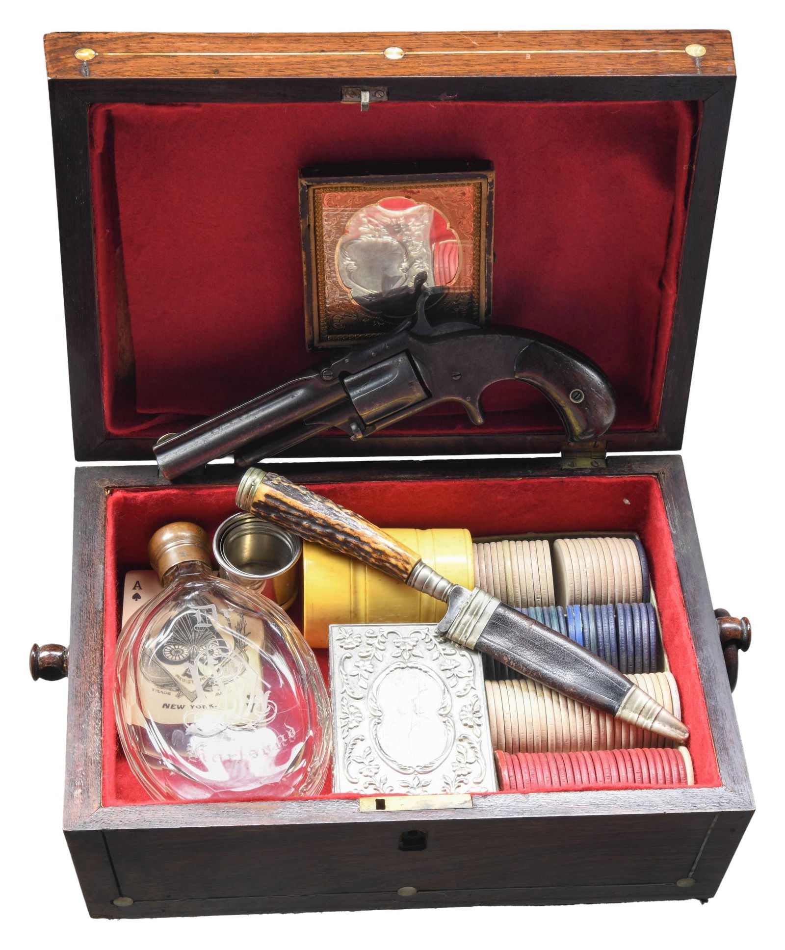 SMITH & WESSON 1 1/2 SA REVOLVER WITH GAMBLING KIT: Cal. 32 RF. S# 77951. Bbl. 3 1/2". Round blade front sight. New Model 1 1/2 with assembled Old West Style Gambling Kit. Hardwood grips. UNATTACHED ACCESSORIES: assembled old west style gambling kit wi