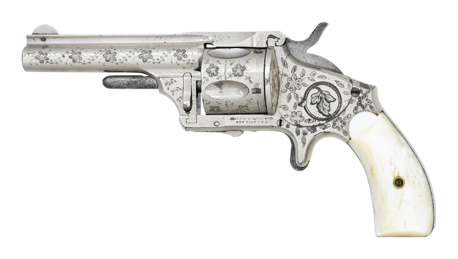 HIGH CONDITION FACTORY ENGRAVED MERWIN & HULBERT: / HOPKINS & ALLEN SECOND MODEL MEDIUM FRAME SINGLE ACTION REVOLVER. Cal. 38 S&W. S# 5147. Bbl. 3 1/2". 1 of an estimated few thousand Second Model medium frame revolvers mfg. by Hopkins & Allen for Me