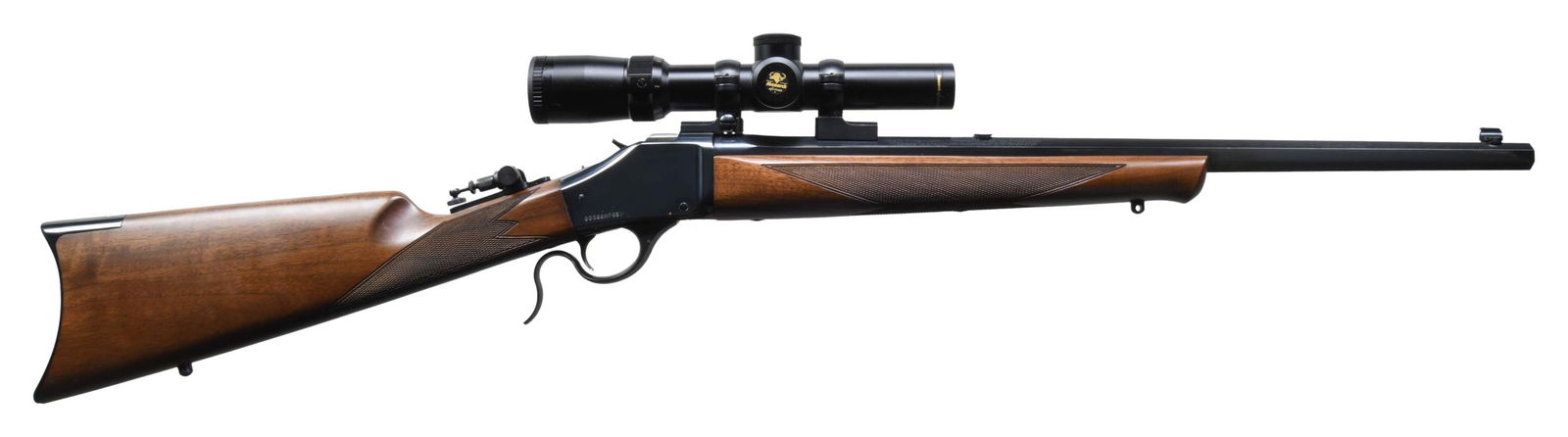 405 WIN. WINCHESTER 1885 LIMITED SERIES SINGLE: SHOT SHORT RIFLE. Cal. 405 Win. S# 00088MP851. Mfg. 2008 by Miroku, Japan & imported by BACO Inc. of Morgan, Utah. Oct. 22" bbl. Bead front sight, filler in rear dovetail & aperture tang sight. Nikon