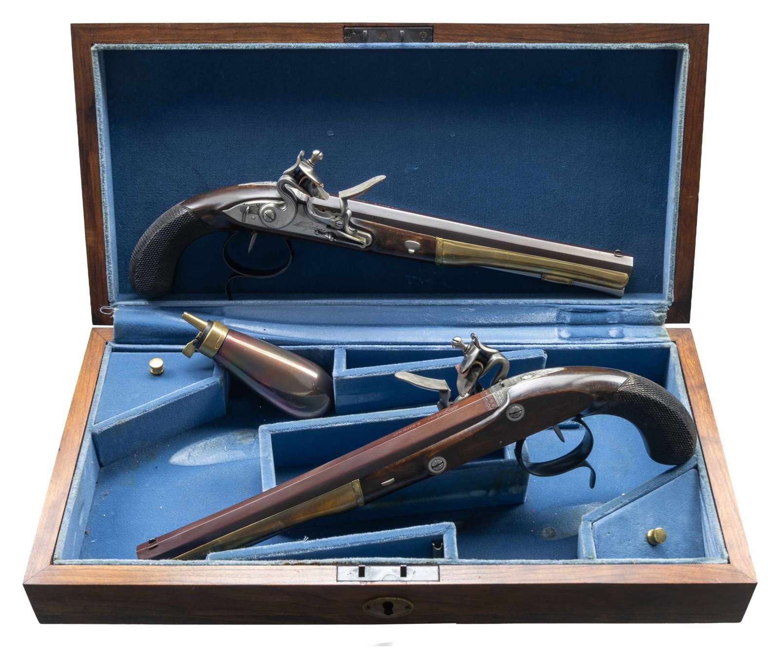 CASED PAIR OF US HISTORICAL SOCIETY BURR-HAMILTION: WOGDON FLINTLOCK DUELING PISTOLS. Both Cal. 54. S#'s 318A & 318B. Bbls. 9 1/2". Blade front sights. Notch rear sights. Pair of dueling pistols made in 1976 for the US Historical Society to commemorate