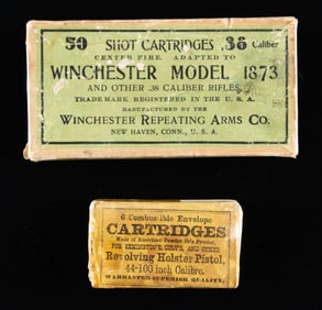 TWO DESIRABLE BOXES OF ANTIQUE AMERICAN RIFLE AND
