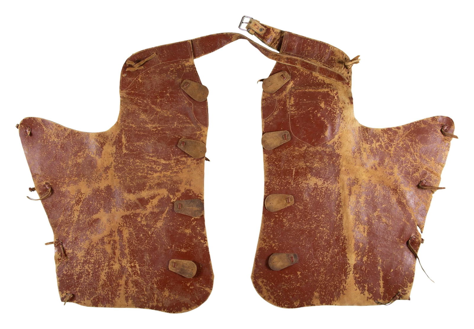MILLER BROTHERS "101 RANCH" MARKED LEATHER CHAPS.: Brown leather chaps measure approx. 35" x 24" with "101 RANCH" stamped on right leg & left pocket stamped "VERN TANTINGER". The Miller Brothers 101 Ranch by Ponca City, Oklahoma was founded by Confede