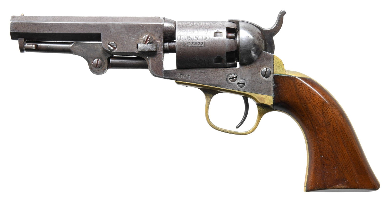 CIVIL WAR COLT 1849 POCKET MODEL REVOLVER.: Cal. 31. S# 213533. Standard configuration made during Civil War in 1862, 4" octagonal barrel with 1-line "NEW YORK US AMERICA" address, small "COLT'S / PATENT" right side of frame, stagecoach holdup