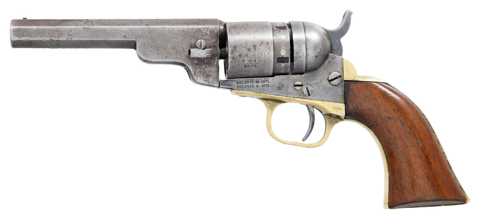 COLT POCKET MODEL NAVY CARTRIDGE CONVERSION: REVOLVER. Cal. 38 RF. S# 18094. Bbl. 4 1/2" octagon with New York address and brass bead front sight. 5-shot rnd. rebated roll engraved cyl. Blue and case colored finish with silver finished brass gri