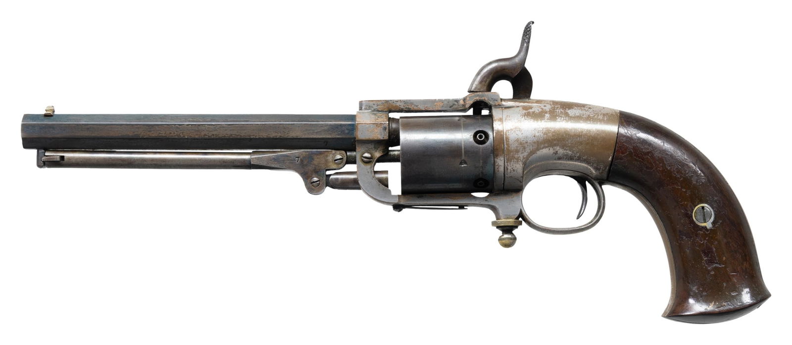 EXTREMELY FINE AND SCARCE CIVIL WAR BUTTERFIELD: ARMY PERCUSSION REVOLVER. Cal. 41. S# 7. This is among the finest Butterfield Army Revolvers extant. Standard configuration of the early war large frame revolver, 5-shot cylinder, silver plated brass
