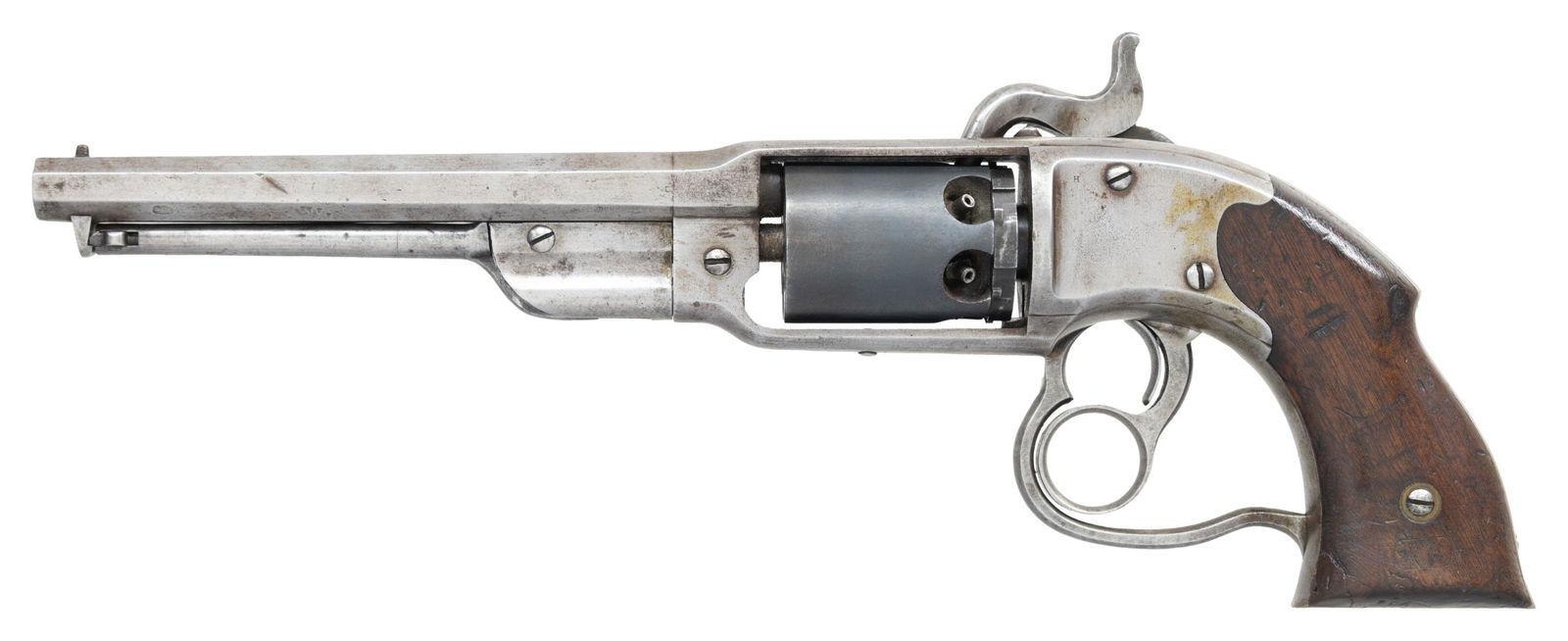 CIVIL WAR SAVAGE NAVY REVOLVER.: Cal. 36. S# 8363. Standard configuration of the popular double action large frame military revolver, 14.75" overall, 7 1/8" octagonal barrel. Unique double ring trigger double action mechanism, 3-line