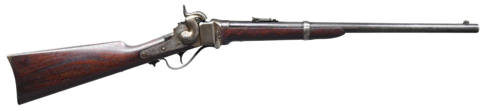 SHARPS NEW MODEL 1863 U.S. PERCUSSION: BREECHLOADING CARBINE. Cal. 52. S# C7427. Bbl. 22" rnd. Blade front sight with Lawrence patent carbine rear sight. Bbl. has Hartford address forward of rear sight with "NEW MODEL 1863" markings behind