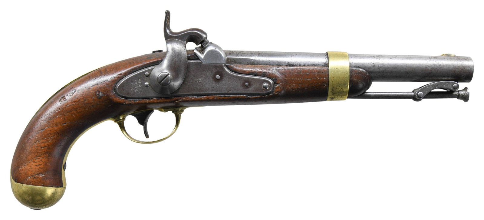 SCARCE 1ST YEAR PRODUCTION ASTON MODEL 1842: PISTOL. Cal. 54. NSN. Standard configuration of Mexican War single shot cavalry pistol, 8.5" front blade sight, brass furniture, lock marked "US / H. ASTON" forward of hammer "MIDDtn / CONN / 1846" ve