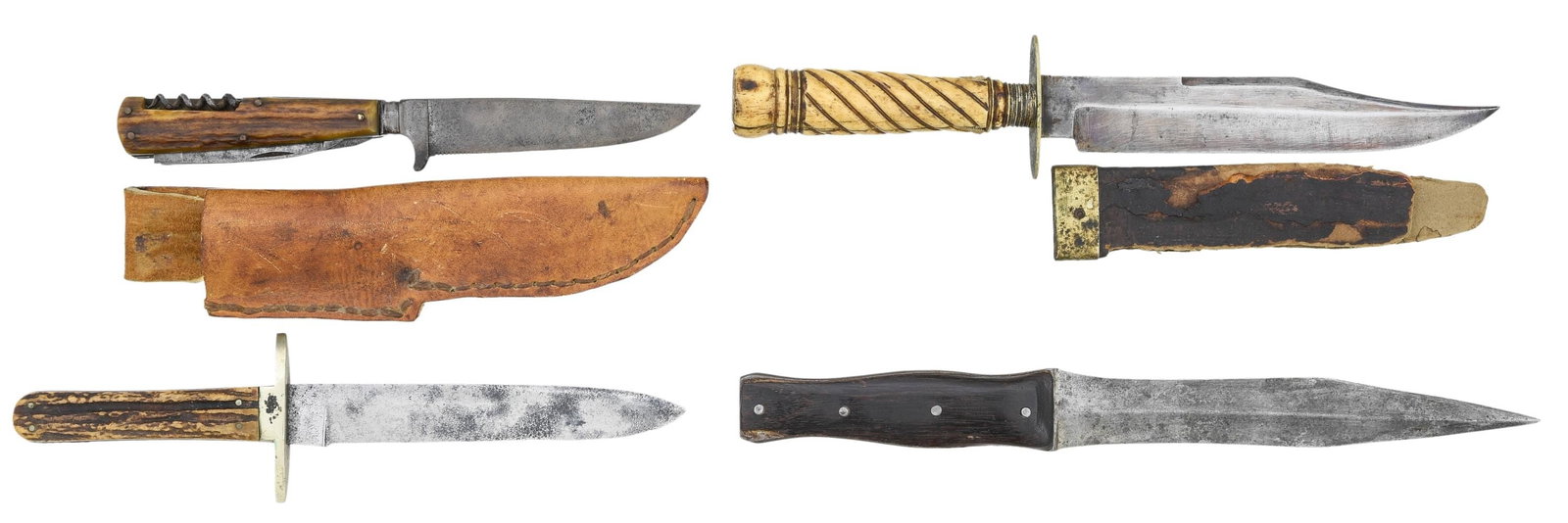FOUR 19th CENTURY BOWIE KNIVES.: 1) 10" overall, 6" spear point blade, full tang, "IXL / G. WOSTEMHOLM & SON / WASHINGTON WORKS / SHEFFIELD", "THE HUNTERS COMPANION", forged 2.25" German silver cross guard, stag slab handle. Blade is