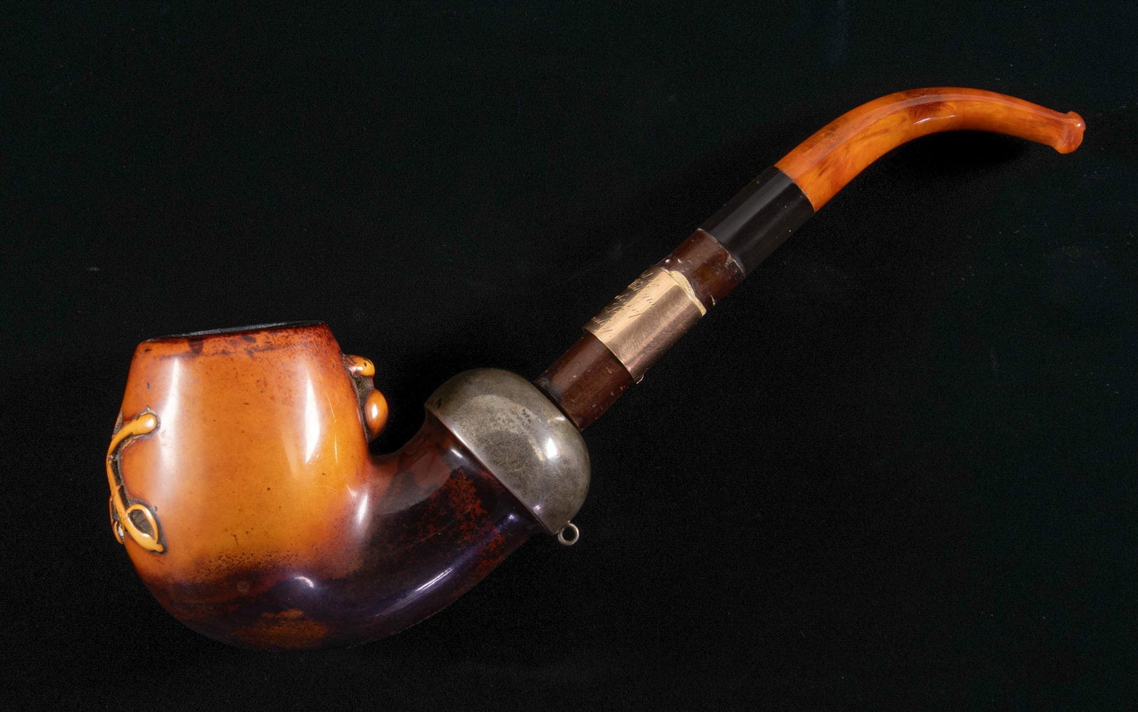 CASED CARVED MEERSCHAUM PIPE PRESENTED TO MEDAL OF: HONOR WINNER DURING INDIAN WARS. Beautifully carved large bowl with crossed sabers and troop L, 2nd Cavalry insignia, silver mounted, with gold band engraved: "Presented to Henry Wilkens by the Member