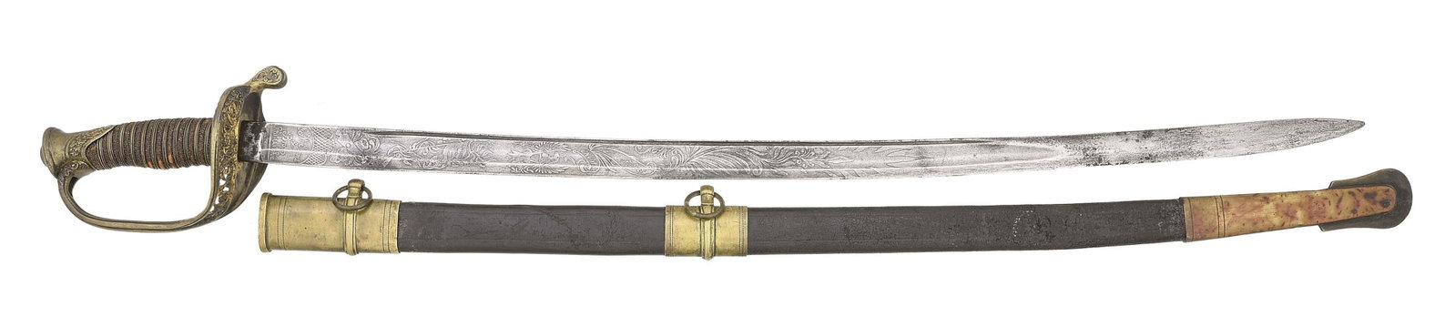 SWORD OF CAPT. JAMES M. CARVER, 2ND SC COLORED: INFANTRY WHO WAS ACCOMPANIED BY HARRIET TUBMAN IN THE COMBAHEE RAID FREEING 727 SLAVES. US model 1850 foot officer sword with unusual etched presentation on spine of blade, "PRESENTED TO JAMES M. CARV