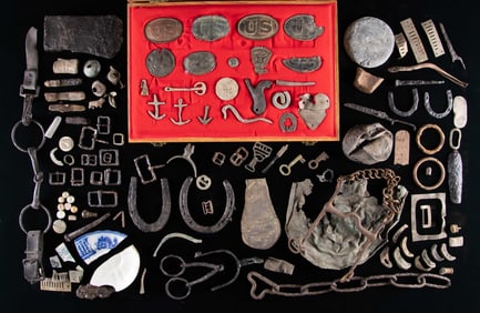 LARGE GROUP OF EXCAVATED RELICS, CONFEDERATE CAMP