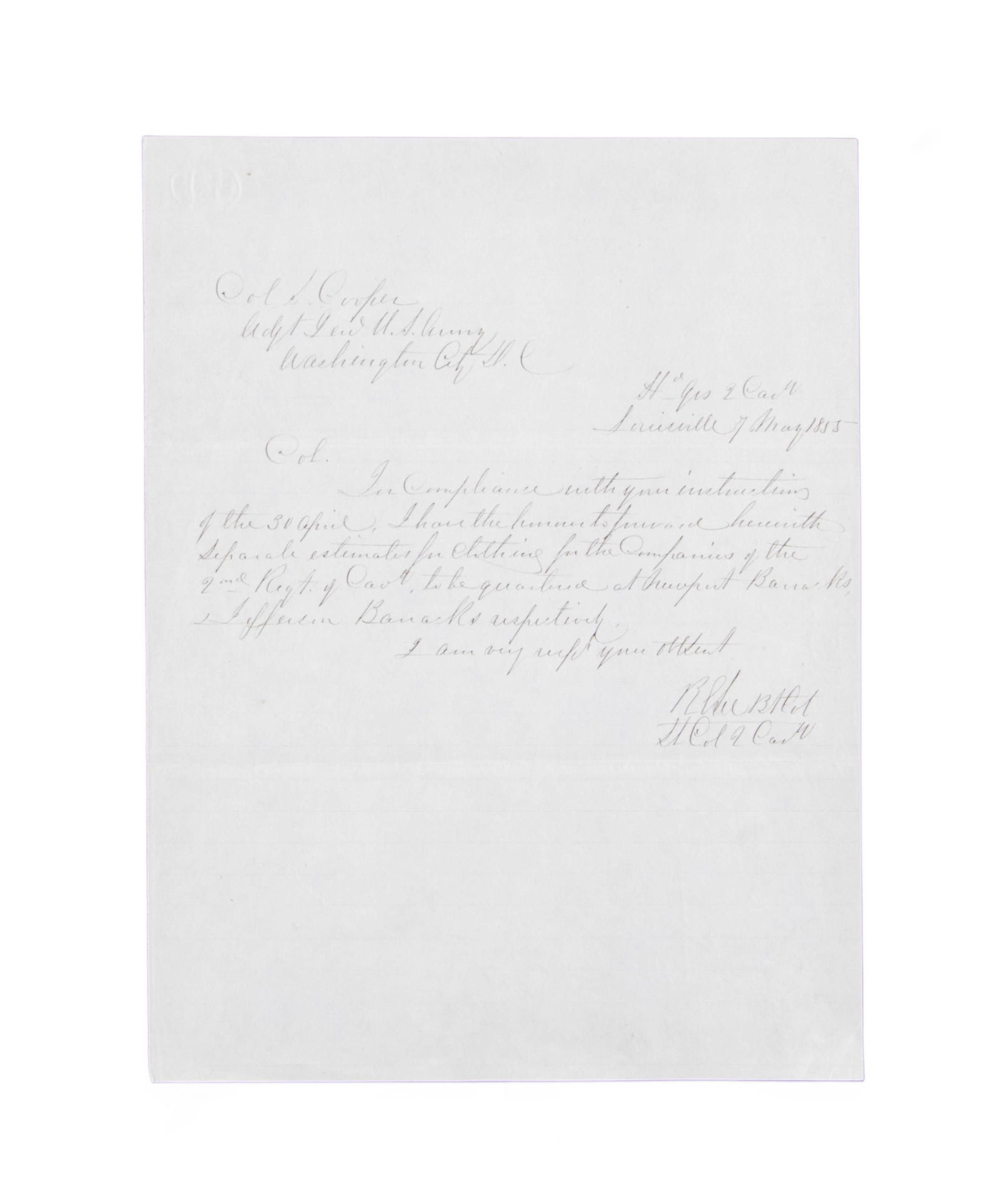 ROBERT E LEE AUTOGRAPH LETTER SIGNED.: 1 page ALS, May 7, 1855, Louisville to Col. Samuel Cooper, concerning clothing for 2nd US Cavalry quartered at Jefferson Barracks, signed as Lt. Colonel of Cavalry. Reverse has long penciled list of g